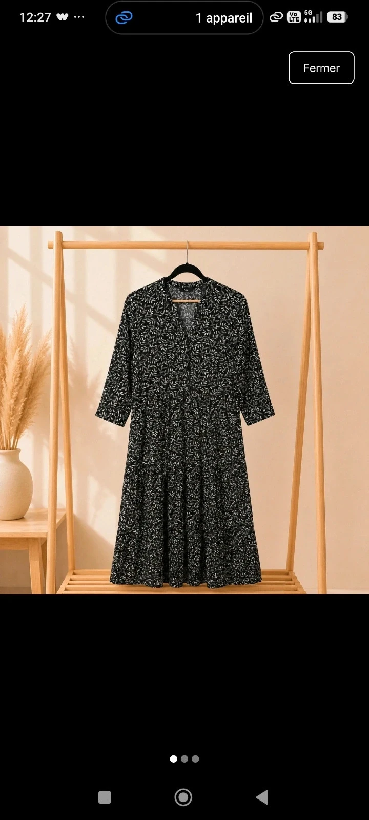 Robe C&A noire imprimé feuillage blanc manches 3/4 - Taille 38
